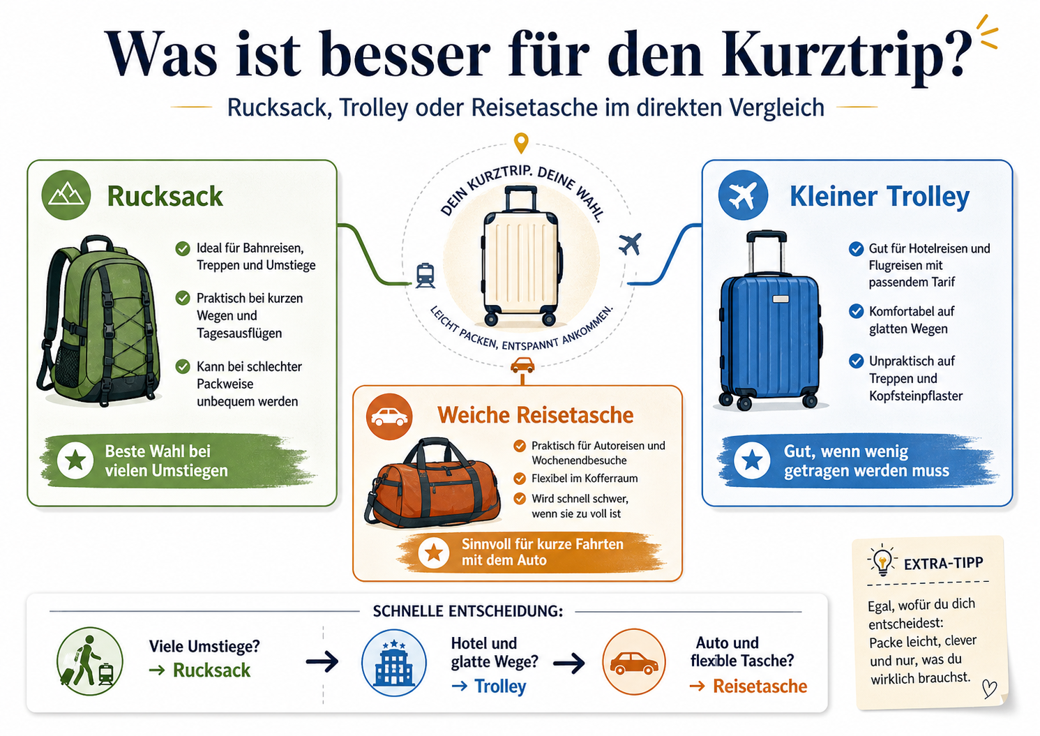 Packliste für den Kurztrip ab Leipzig mit Vergleich von Rucksack Trolley und Reisetasche